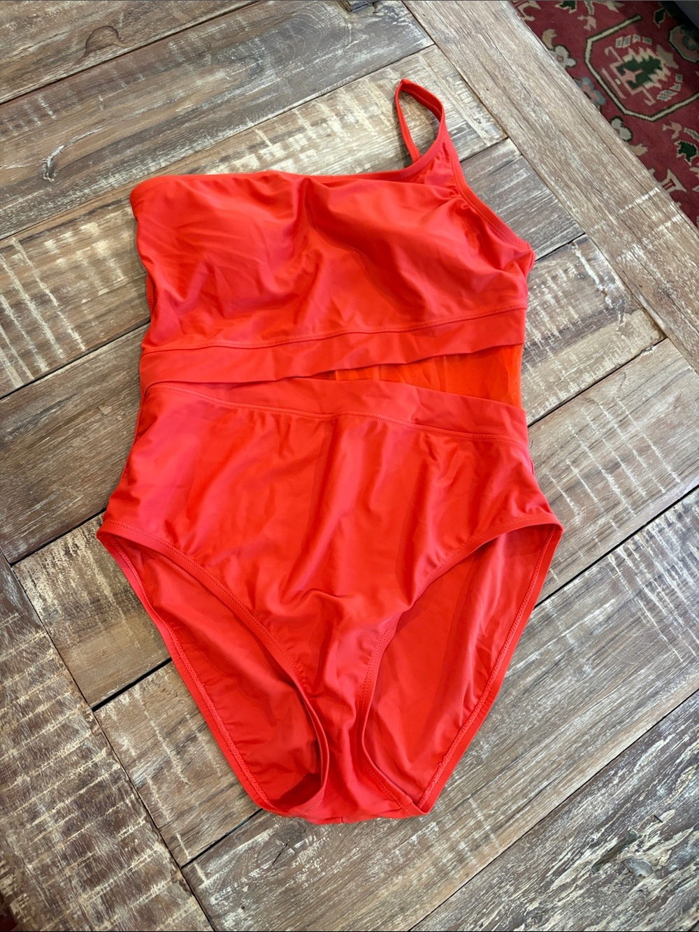 MICHAEL KORS Sheer  1 Pc One Shoulder Swimsuit  Sea Coral 10 MSRP 118.00